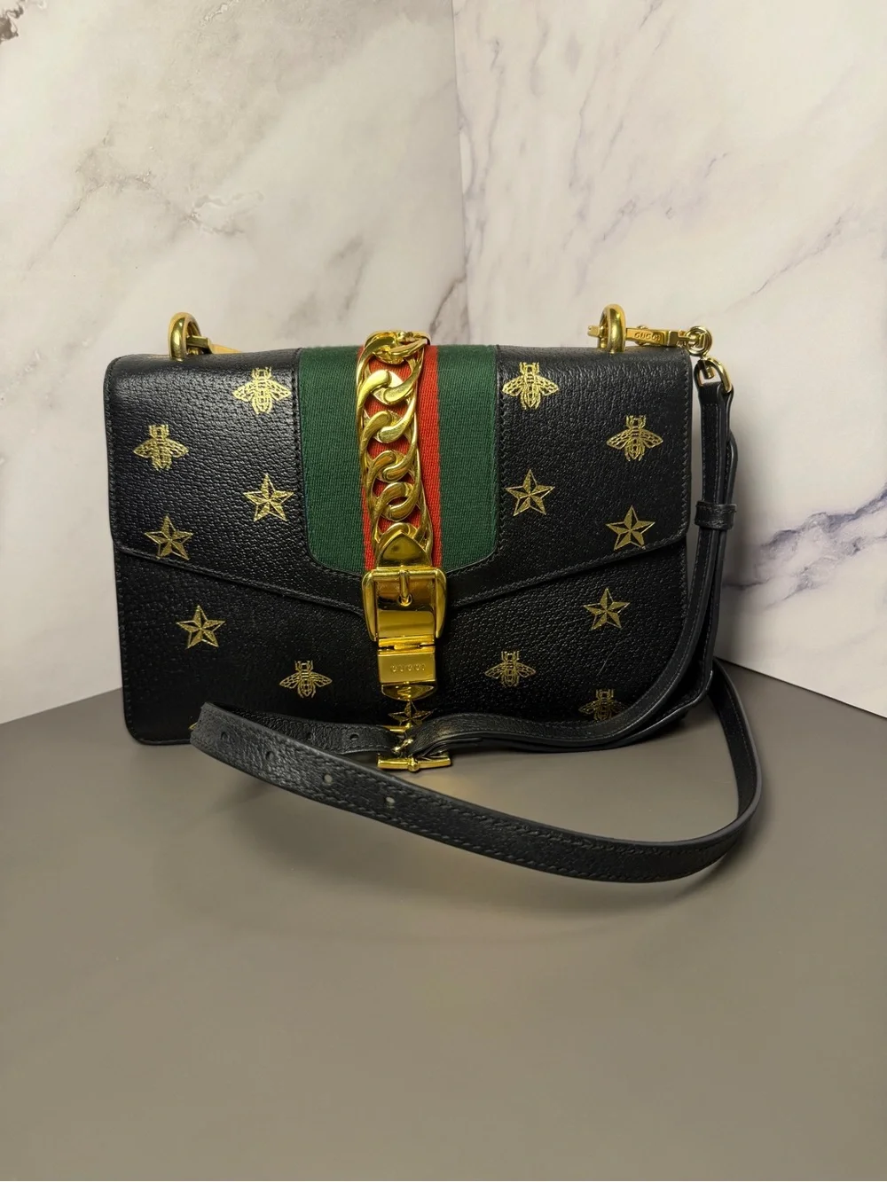 Gucci Sylvia Bee Black Leather Shoulder Bag with Green-Red Web and Gold Hardware